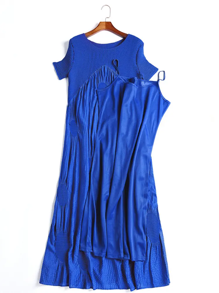 LANMREM Women Pleated 2 Pieces Set Round Neck Short Sleeves Patchwork Dress + Decoration Strap Dresses Lady New Fashion 2DC1478