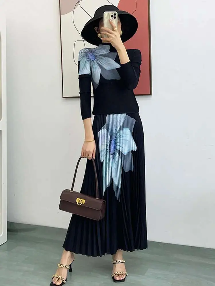 LANMREM Elegant Fashion Printed Pleated 2 Pieces Set For Women Turtleneck Slim Tops With High Waist Mid Length Skirts 2Q1248