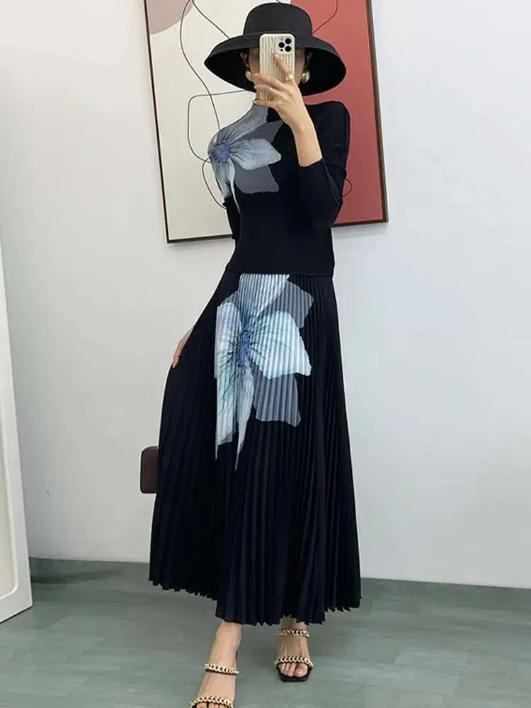 LANMREM Elegant Fashion Printed Pleated 2 Pieces Set For Women Turtleneck Slim Tops With High Waist Mid Length Skirts 2Q1248