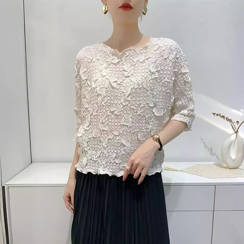 LANMREM Niche Embroidered Women's Pleated T-shirt Bat Three Quarter Sleeves Pullover Tops Summer New Elastic Loose Tee 2DB3723