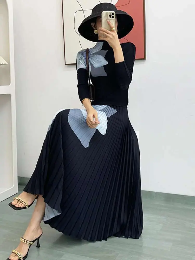 LANMREM Elegant Fashion Printed Pleated 2 Pieces Set For Women Turtleneck Slim Tops With High Waist Mid Length Skirts 2Q1248