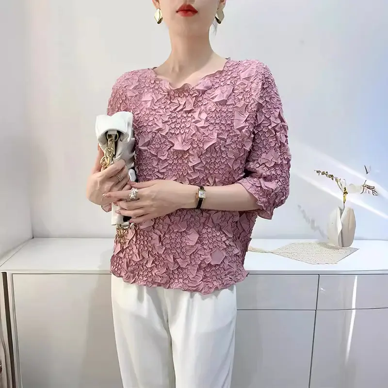 LANMREM Niche Embroidered Women's Pleated T-shirt Bat Three Quarter Sleeves Pullover Tops Summer New Elastic Loose Tee 2DB3723
