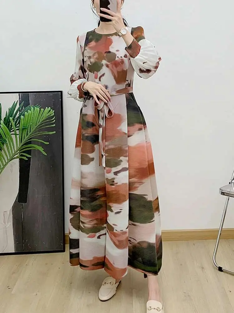 LANMREM Printed Pleated Dress Classic Temperament Lantern Sleeve Color Block Maxi Belt Dresses Fold Hem 2025 Spring New 2DA5000