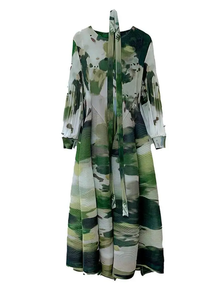 LANMREM Printed Pleated Dress Classic Temperament Lantern Sleeve Color Block Maxi Belt Dresses Fold Hem 2025 Spring New 2DA5000