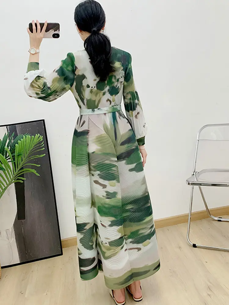 LANMREM Printed Pleated Dress Classic Temperament Lantern Sleeve Color Block Maxi Belt Dresses Fold Hem 2025 Spring New 2DA5000