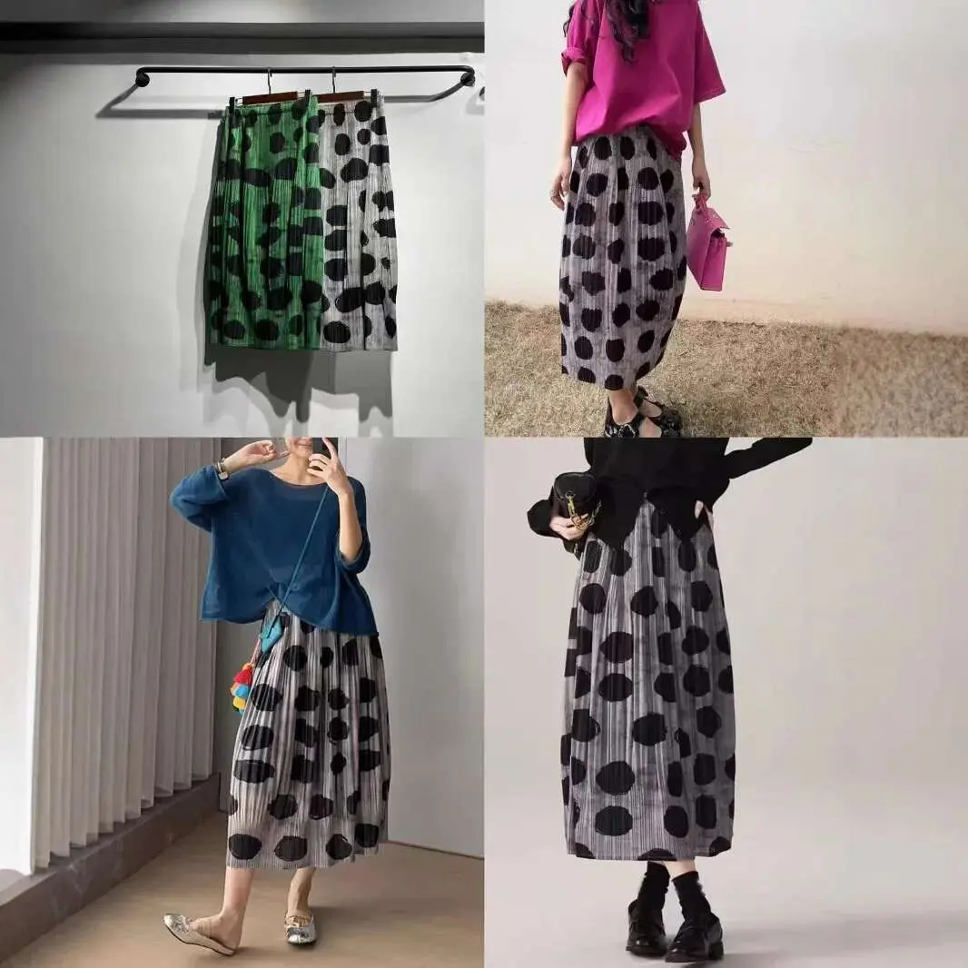 LANMREM Pleated Design Black Polka Dot Half Skirt Slimming Temperamentversatile Elastic Waist Green Skirts 2025 New 2DB3253