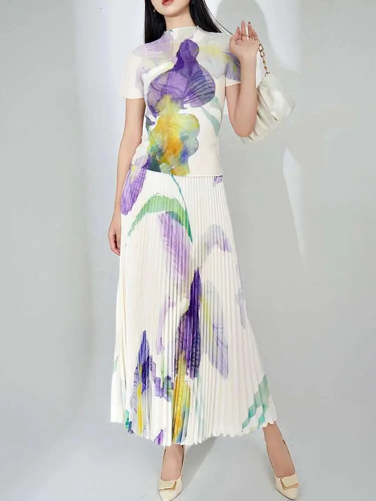 LANMREM Fashion Printed Pleated 2 Pieces Set For Women Turtleneck Short Sleeves Slim Tops High Waist Fold Skirts 2025 2YA3913