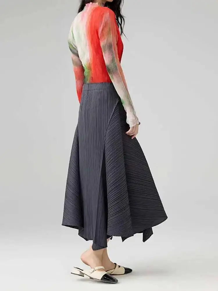 LANMREM 2025 New Irregular Splicing Solid Color Pleated Half Skirt Fashionable Slimming Elastic High Waist A-line Skirts 2DB2852
