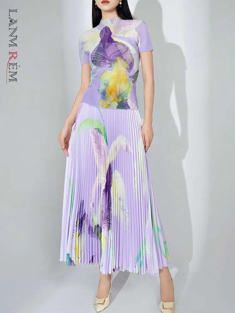LANMREM Fashion Printed Pleated 2 Pieces Set For Women Turtleneck Short Sleeves Slim Tops High Waist Fold Skirts 2025 2YA3913
