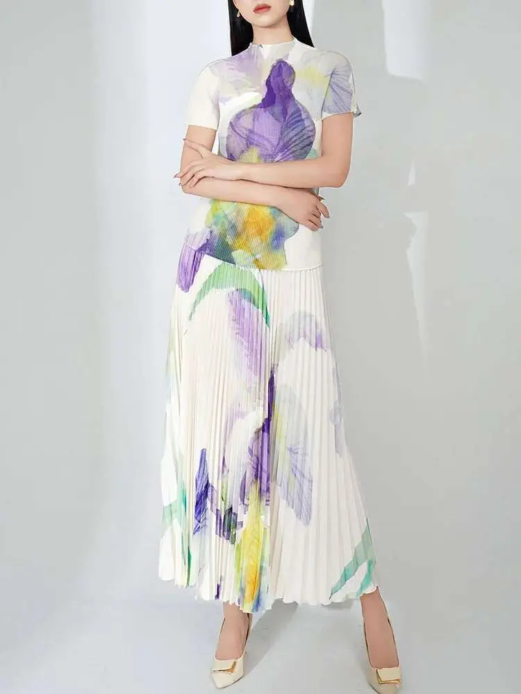 LANMREM Fashion Printed Pleated 2 Pieces Set For Women Turtleneck Short Sleeves Slim Tops High Waist Fold Skirts 2025 2YA3913