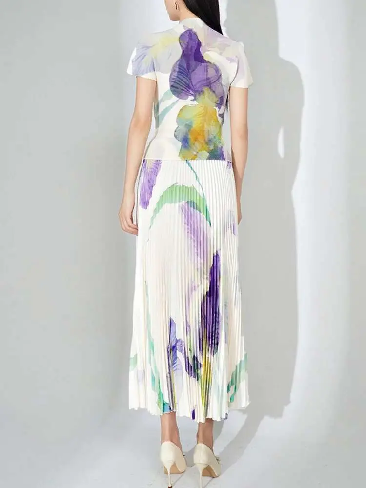 LANMREM Fashion Printed Pleated 2 Pieces Set For Women Turtleneck Short Sleeves Slim Tops High Waist Fold Skirts 2025 2YA3913