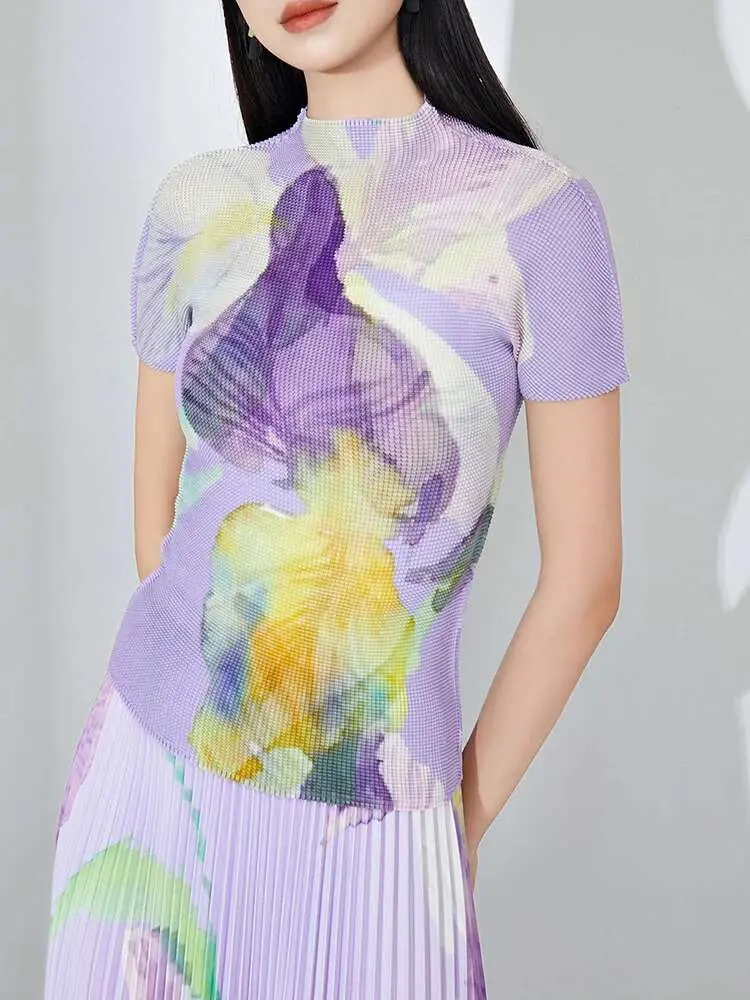 LANMREM Fashion Printed Pleated 2 Pieces Set For Women Turtleneck Short Sleeves Slim Tops High Waist Fold Skirts 2025 2YA3913