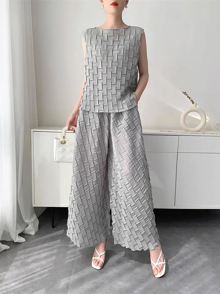 LANMREM Handmade Pleated Set Women's Summer New Sleeveless Top + Wide Leg Flared Pants Loose Casual Niche Two-piece Sets 2DB3081