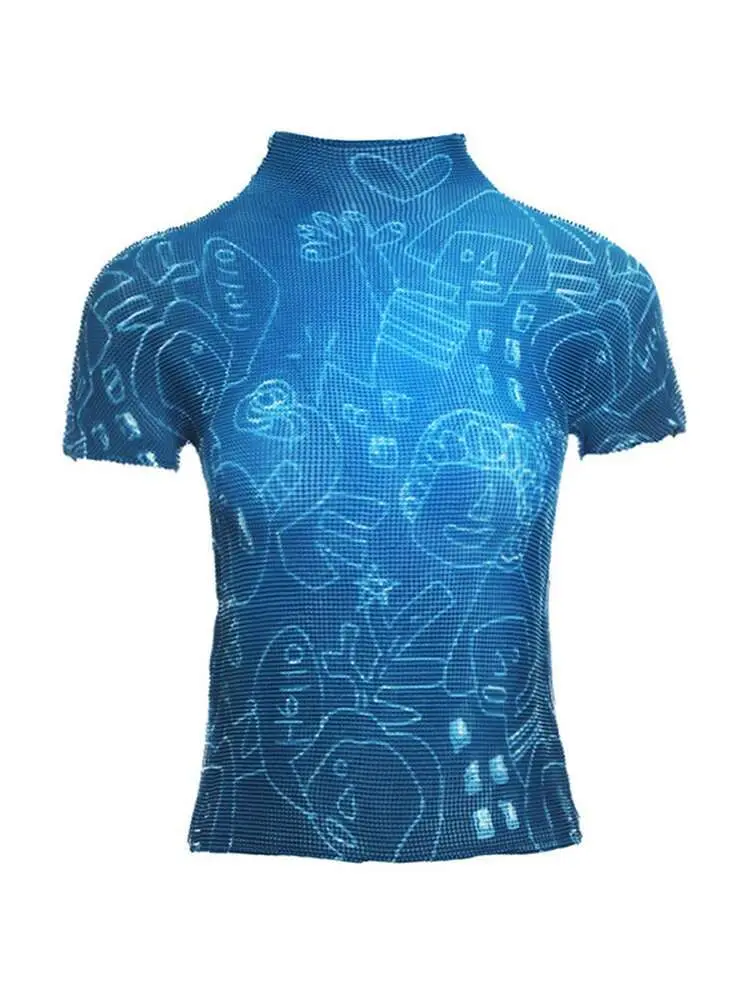 LANMREM Printing Pleated T-shirt For Women Turtleneck Short Sleeves Slim Lightweight Shirts Female Chic Top 2024 New 2DB1116