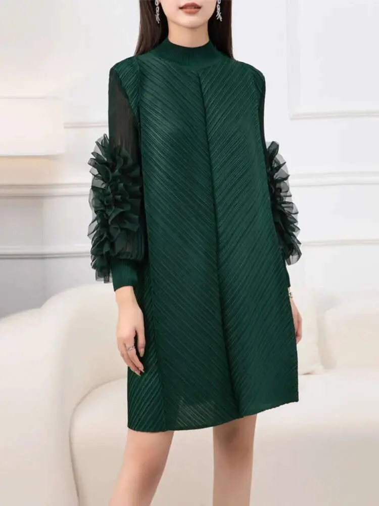 LANMREM High End Casual Pleated Dress For Women Stand Collar Long Sleeves Solid Color Dresses Fashion Spliced 2024 New 2YA3843
