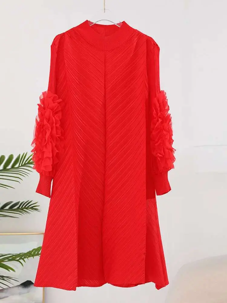 LANMREM High End Casual Pleated Dress For Women Stand Collar Long Sleeves Solid Color Dresses Fashion Spliced 2024 New 2YA3843