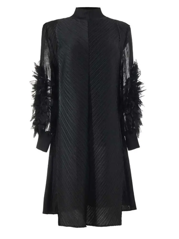 LANMREM High End Casual Pleated Dress For Women Stand Collar Long Sleeves Solid Color Dresses Fashion Spliced 2024 New 2YA3843