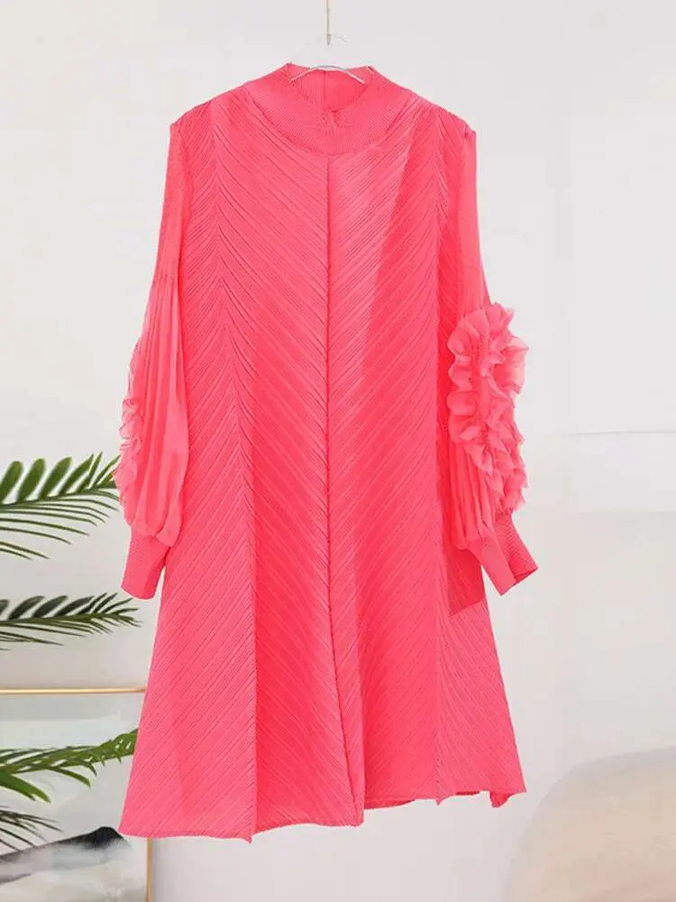 LANMREM High End Casual Pleated Dress For Women Stand Collar Long Sleeves Solid Color Dresses Fashion Spliced 2024 New 2YA3843