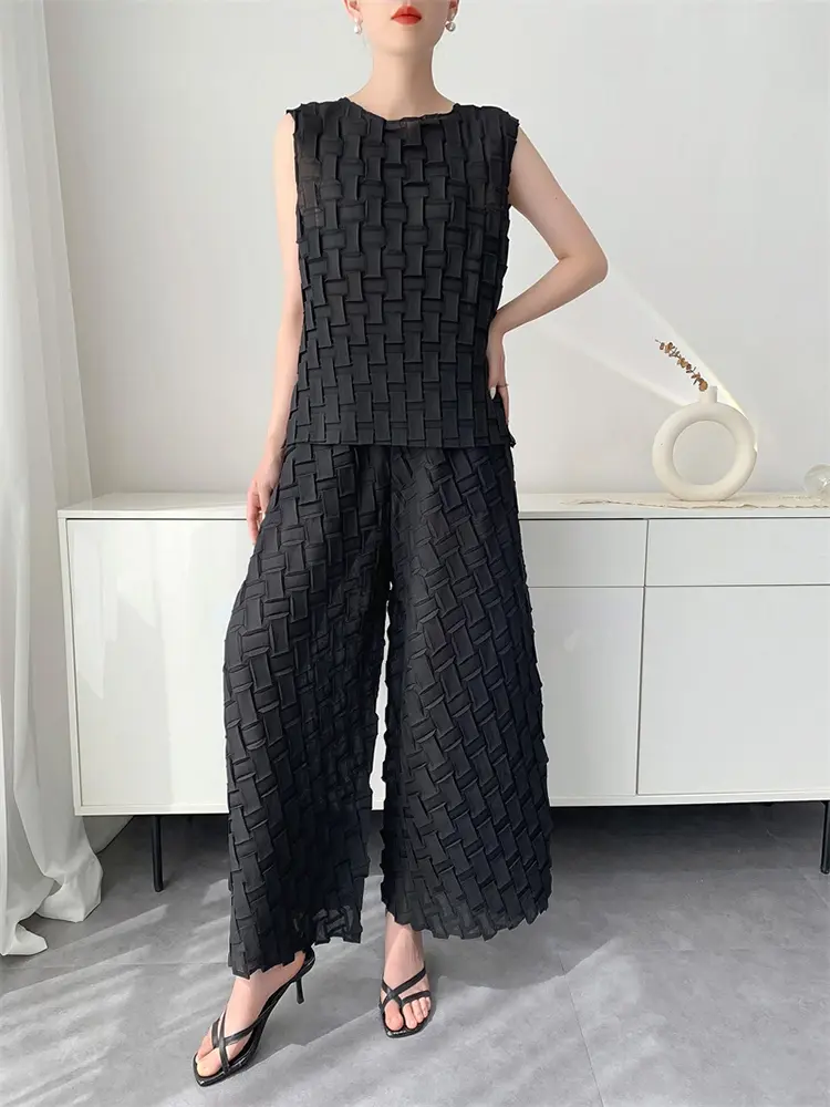 LANMREM Handmade Pleated Set Women's Summer New Sleeveless Top + Wide Leg Flared Pants Loose Casual Niche Two-piece Sets 2DB3081