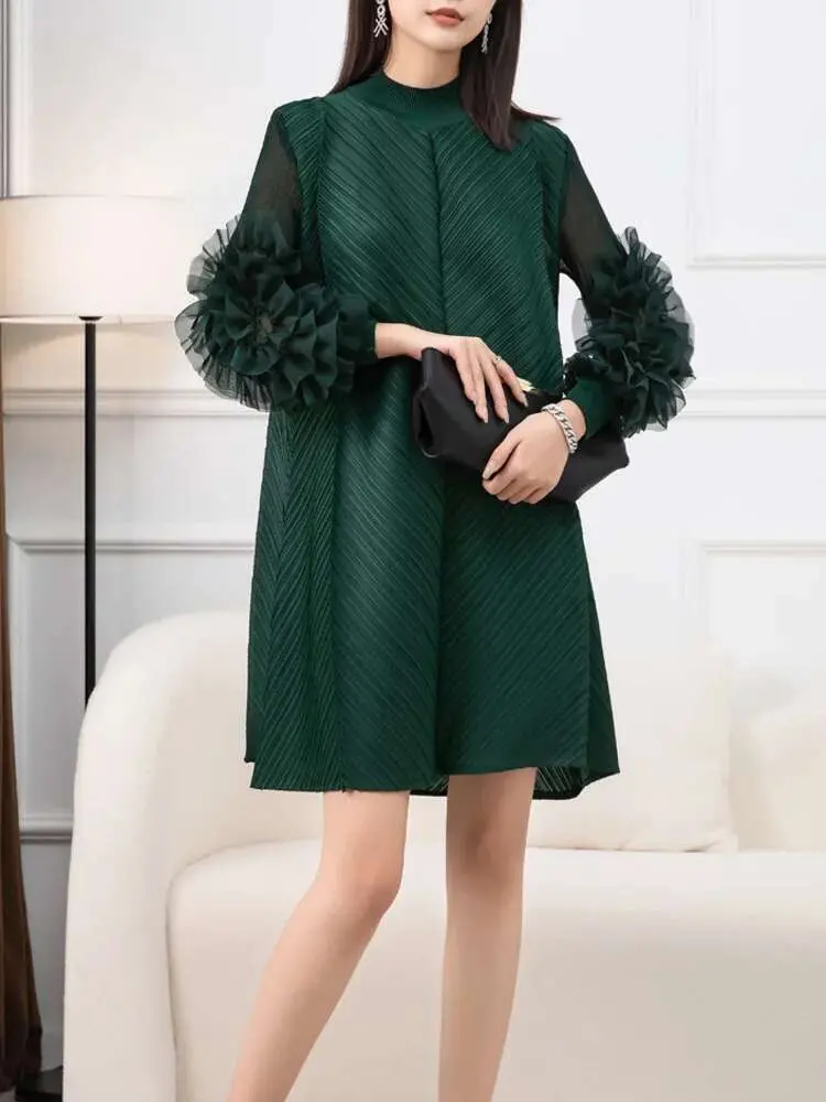 LANMREM High End Casual Pleated Dress For Women Stand Collar Long Sleeves Solid Color Dresses Fashion Spliced 2024 New 2YA3843
