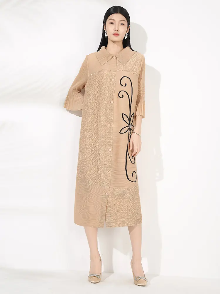 LANMREM Loose Causal Lapel Single Breated Pleated Dress For Women 2025 New Chic Fashion Cardigan Knee Length Dresses 2DB2919