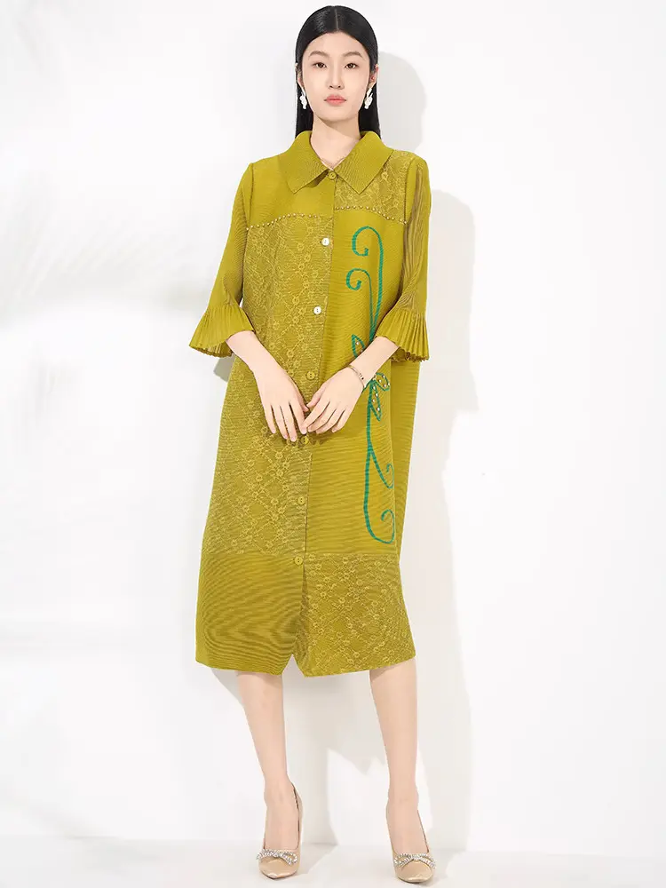 LANMREM Loose Causal Lapel Single Breated Pleated Dress For Women 2025 New Chic Fashion Cardigan Knee Length Dresses 2DB2919