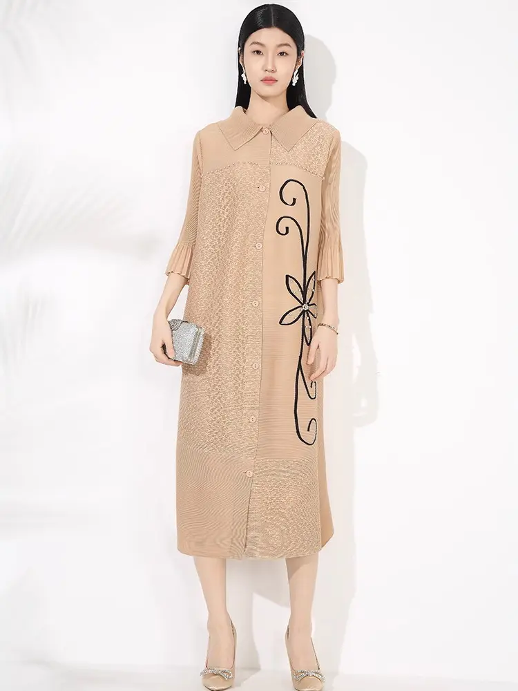 LANMREM Loose Causal Lapel Single Breated Pleated Dress For Women 2025 New Chic Fashion Cardigan Knee Length Dresses 2DB2919