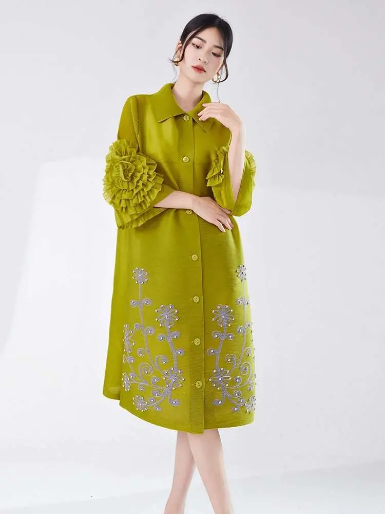 LANMREM Fashion Pleated Dress For Women Lapel Ruffles Sleeves Printing Mid Length Party Dressses 2024 Summer Clothing 2Z1380