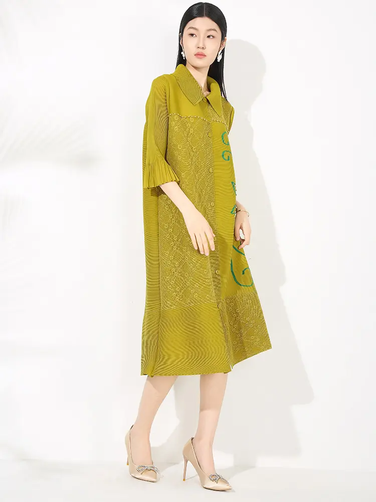 LANMREM Loose Causal Lapel Single Breated Pleated Dress For Women 2025 New Chic Fashion Cardigan Knee Length Dresses 2DB2919