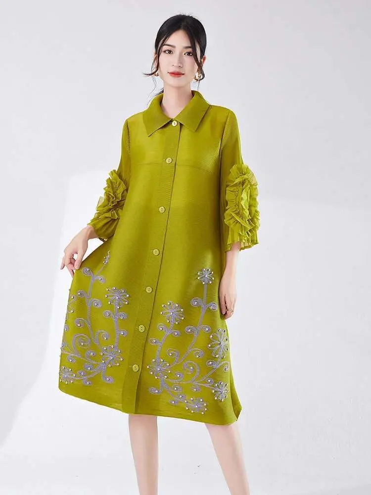LANMREM Fashion Pleated Dress For Women Lapel Ruffles Sleeves Printing Mid Length Party Dressses 2024 Summer Clothing 2Z1380