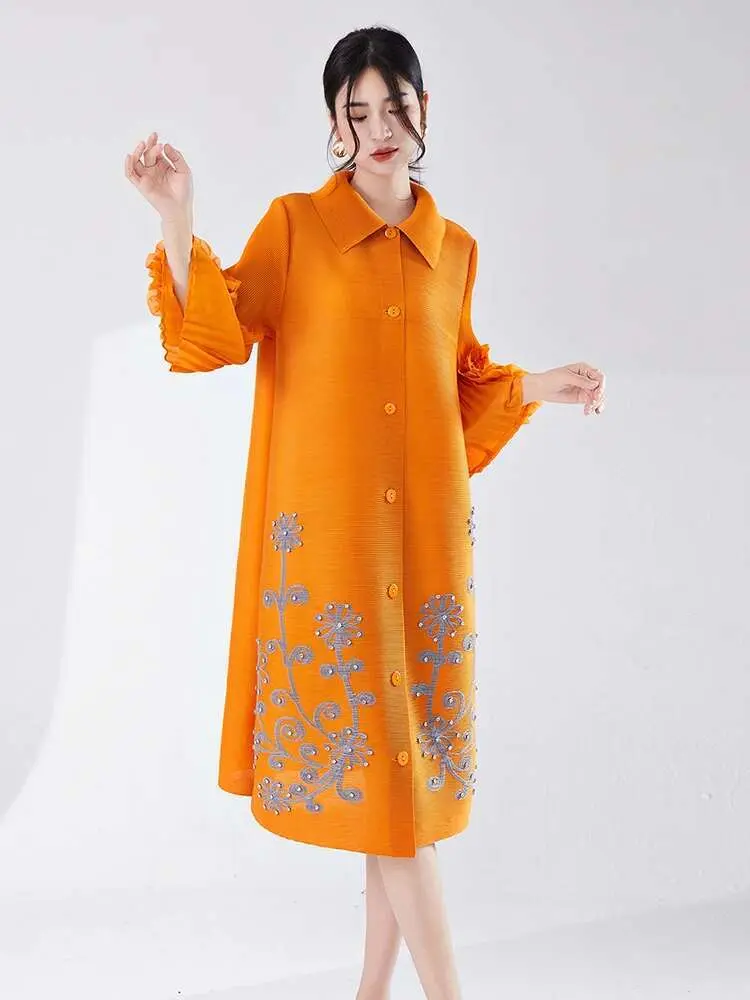 LANMREM Fashion Pleated Dress For Women Lapel Ruffles Sleeves Printing Mid Length Party Dressses 2024 Summer Clothing 2Z1380