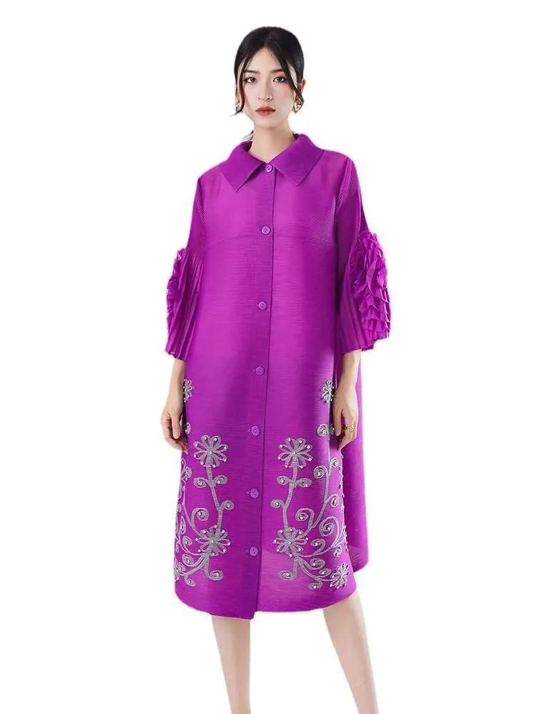 LANMREM Fashion Pleated Dress For Women Lapel Ruffles Sleeves Printing Mid Length Party Dressses 2024 Summer Clothing 2Z1380