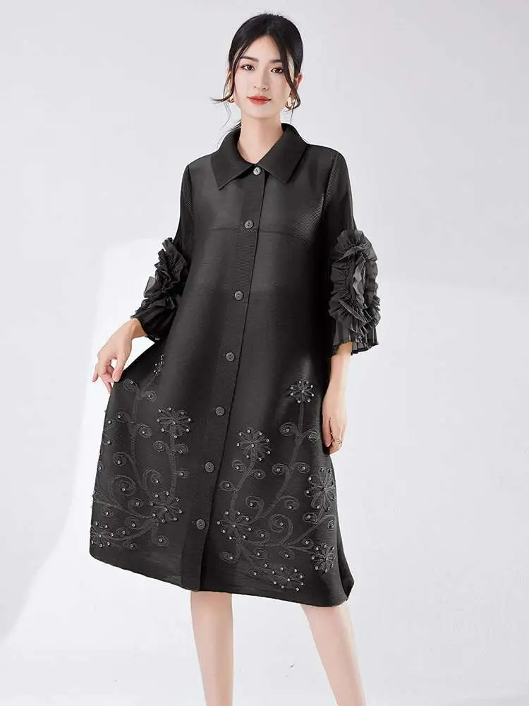 LANMREM Fashion Pleated Dress For Women Lapel Ruffles Sleeves Printing Mid Length Party Dressses 2024 Summer Clothing 2Z1380