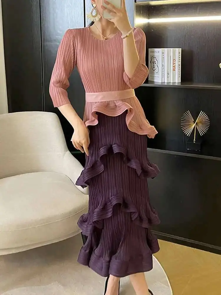 LANMREM French Irregular Women's Pleated Dress O-neck Tie Three Quarter Sleeve Temperament Cake Dresses 2025 Spring New 2DE172