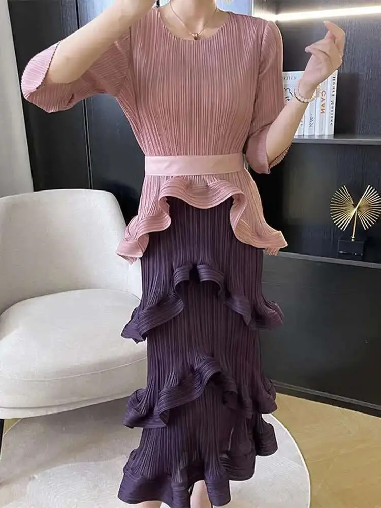 LANMREM French Irregular Women's Pleated Dress O-neck Tie Three Quarter Sleeve Temperament Cake Dresses 2025 Spring New 2DE172