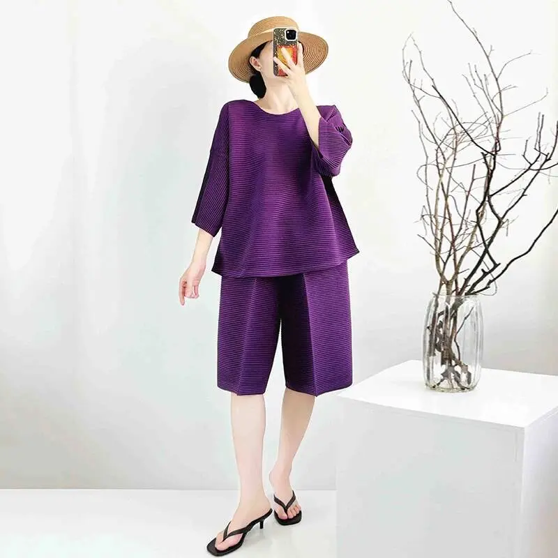 LANMREM Niche New Toothpick Pattern Pleated Women's Two Pieces Set Short Sleeve Loose T-shirt And Elastic Waist Shorts 2DB3828