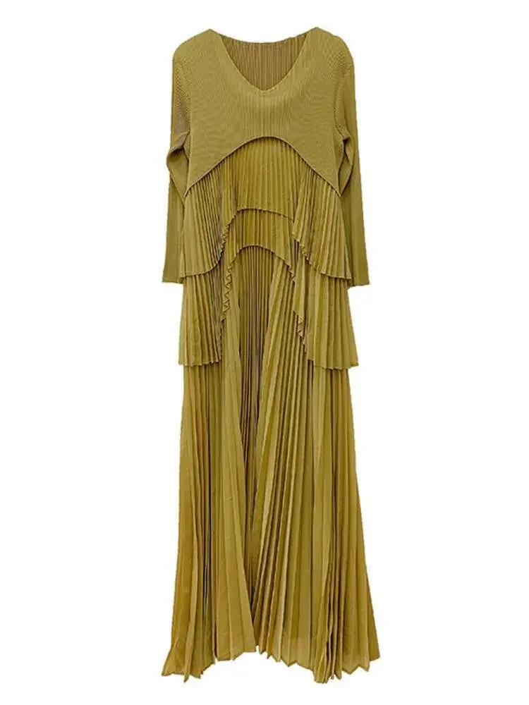 LANMREM Maxi Pleated Dress For Women Long Sleeved V Neck Solid Color Stitching Belt Gathered Waist Dresses 2025 New 2DA9900