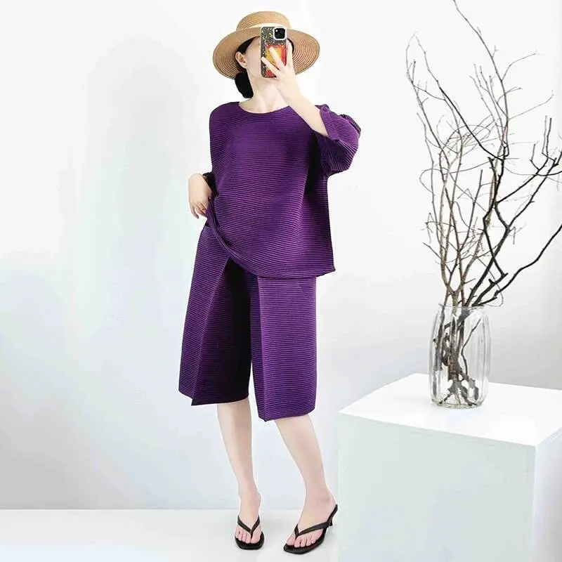 LANMREM Niche New Toothpick Pattern Pleated Women's Two Pieces Set Short Sleeve Loose T-shirt And Elastic Waist Shorts 2DB3828