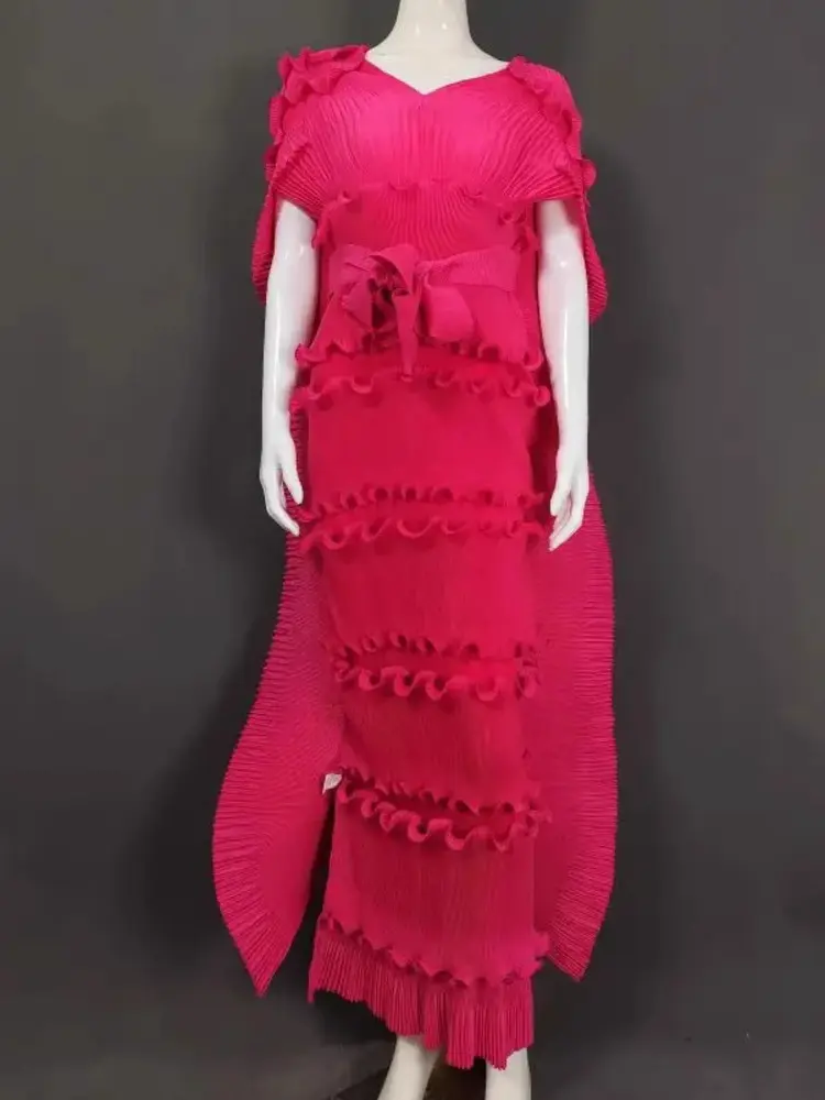 LANMREM Trendy Pleated Dress Women's V-Neck Solid Color Ruffles Cape Style Elegant Party Evening Dresses 2025 Summer New 2DM1105