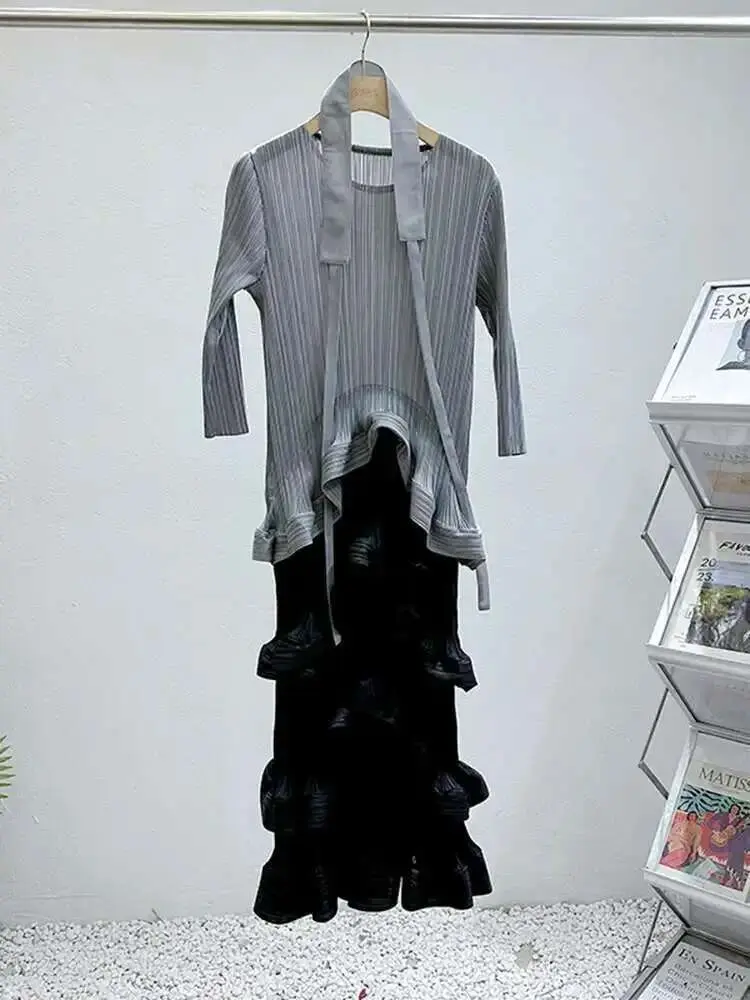 LANMREM French Irregular Women's Pleated Dress O-neck Tie Three Quarter Sleeve Temperament Cake Dresses 2025 Spring New 2DE172