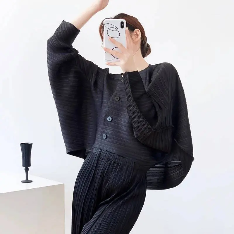 LANMREM Dark Green Pleated Loose Solid Color Top Loose High-end Single Breasted Round Collar Bawting Long Sleeve Shirts 2DB4128