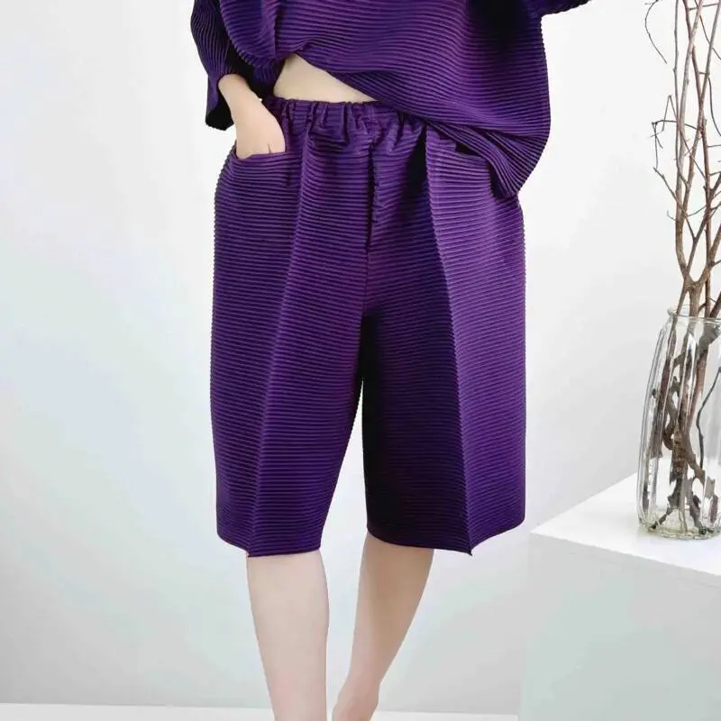 LANMREM Niche New Toothpick Pattern Pleated Women's Two Pieces Set Short Sleeve Loose T-shirt And Elastic Waist Shorts 2DB3828