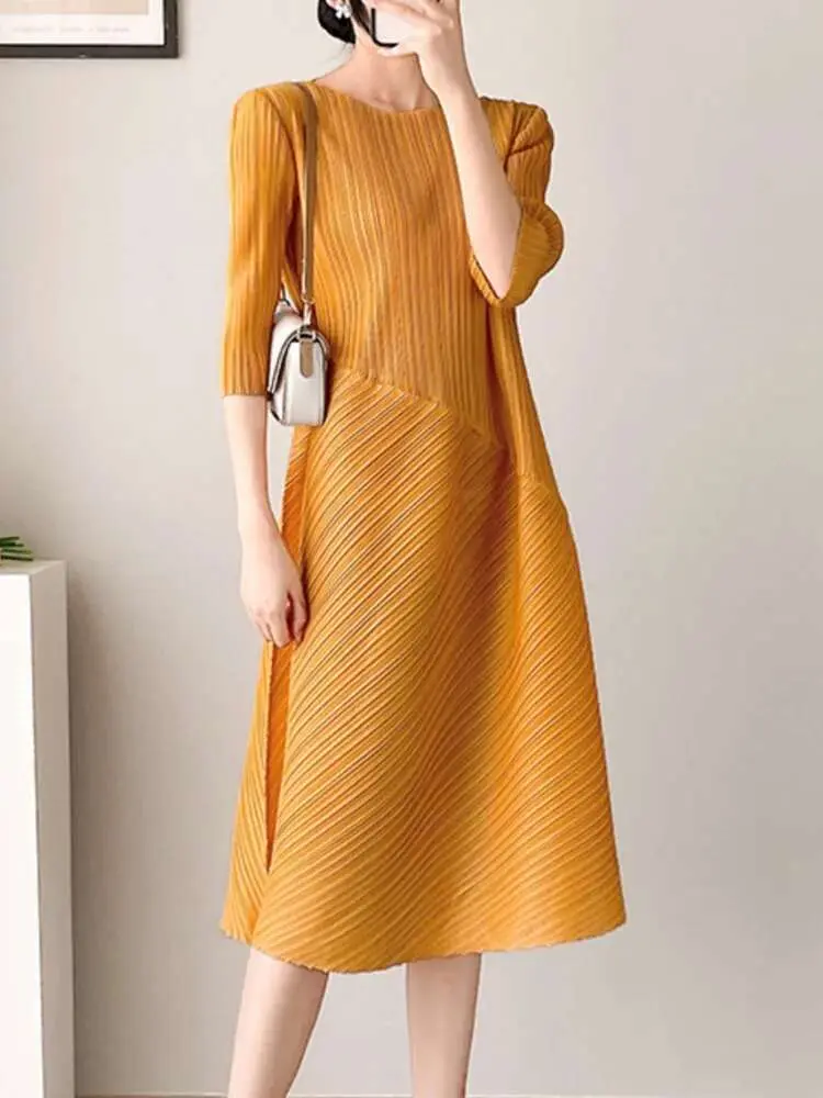 LANMREM Irregular New Half Sleeves Pleated Dress For Women O-neck Solid Color A-line Dresses Female Clothing 2025 Spring 2YA760