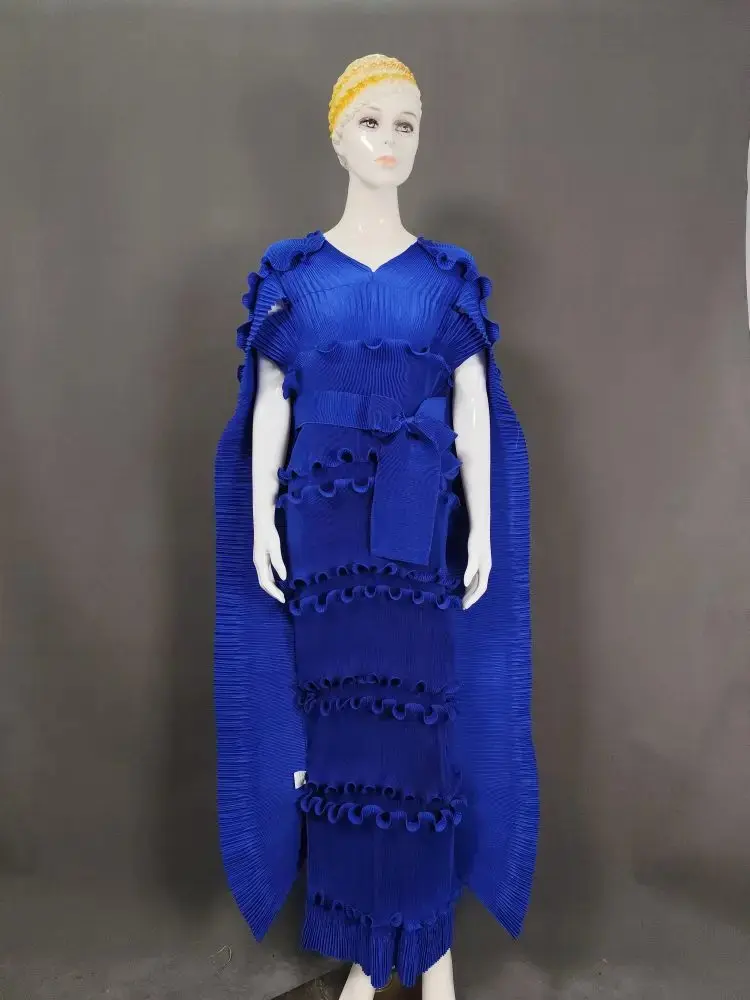 LANMREM Trendy Pleated Dress Women's V-Neck Solid Color Ruffles Cape Style Elegant Party Evening Dresses 2025 Summer New 2DM1105