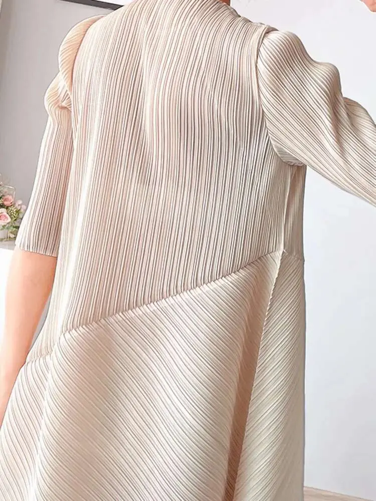 LANMREM Irregular New Half Sleeves Pleated Dress For Women O-neck Solid Color A-line Dresses Female Clothing 2025 Spring 2YA760