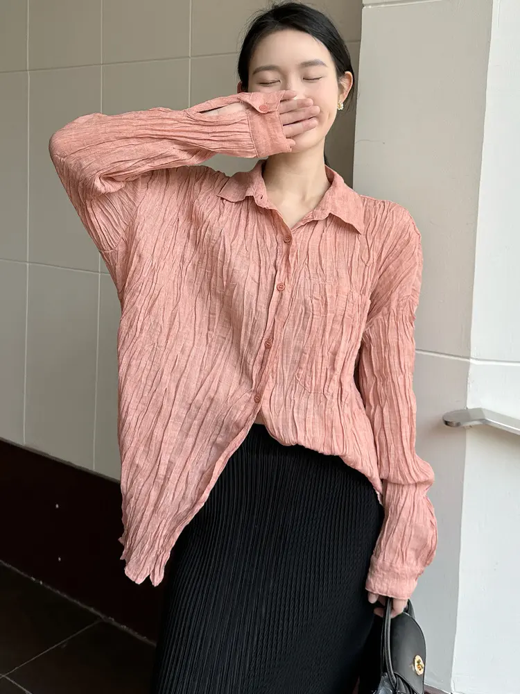LANMREM Single Breasted Shirts For Women 2025 Summer New Pleated Tops Loose Causal Lapel Design Lightweight Blouse 2DB2729