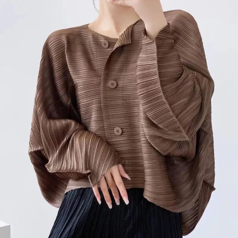 LANMREM Dark Green Pleated Loose Solid Color Top Loose High-end Single Breasted Round Collar Bawting Long Sleeve Shirts 2DB4128