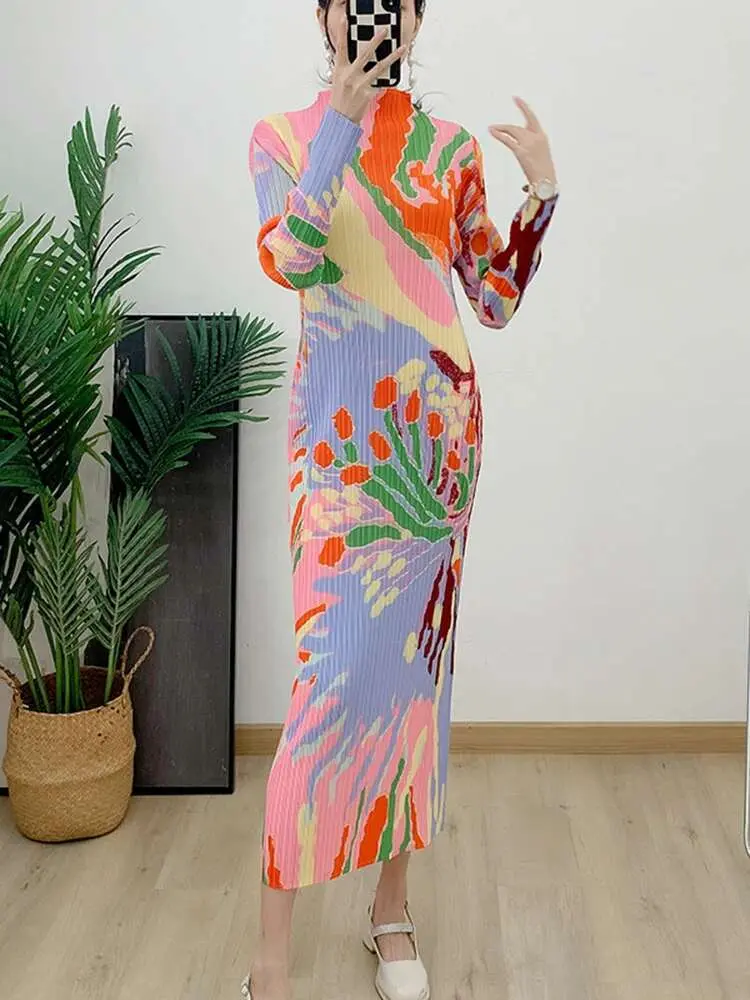 LANMREM Pleated Print Dress For Women Stand Collar Long Sleeves Slim Style Female Elegant Clothing 2024 Spring New 2DA4141