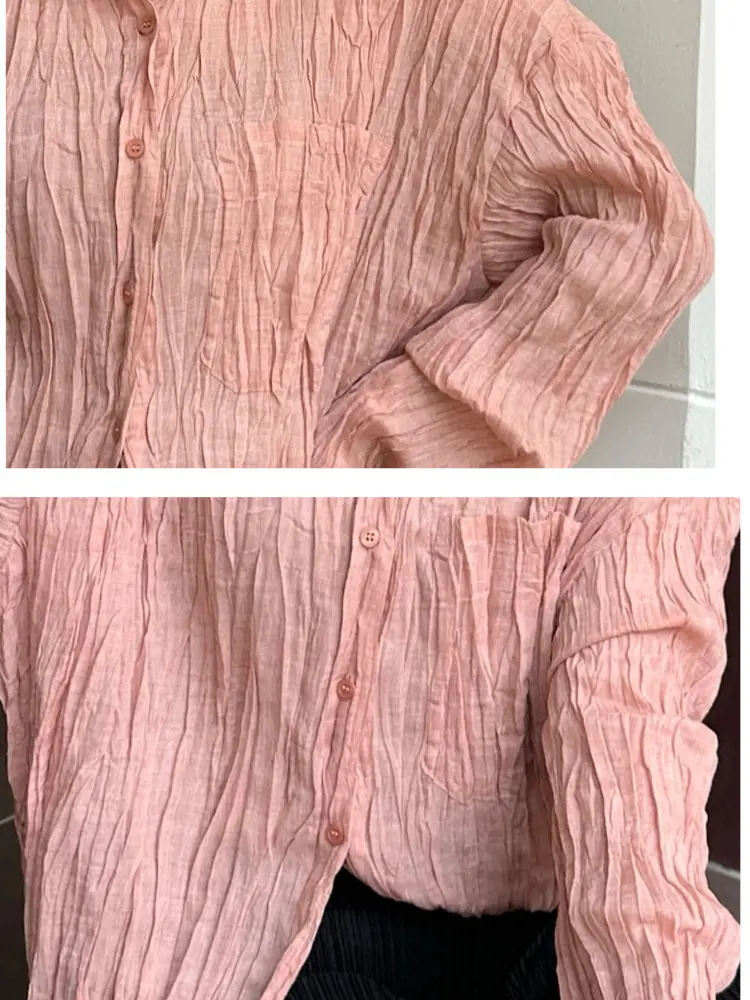 LANMREM Single Breasted Shirts For Women 2025 Summer New Pleated Tops Loose Causal Lapel Design Lightweight Blouse 2DB2729