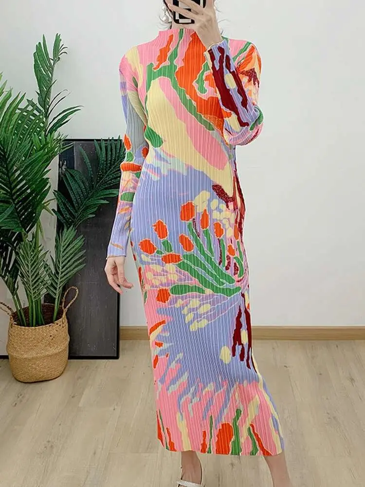 LANMREM Pleated Print Dress For Women Stand Collar Long Sleeves Slim Style Female Elegant Clothing 2024 Spring New 2DA4141